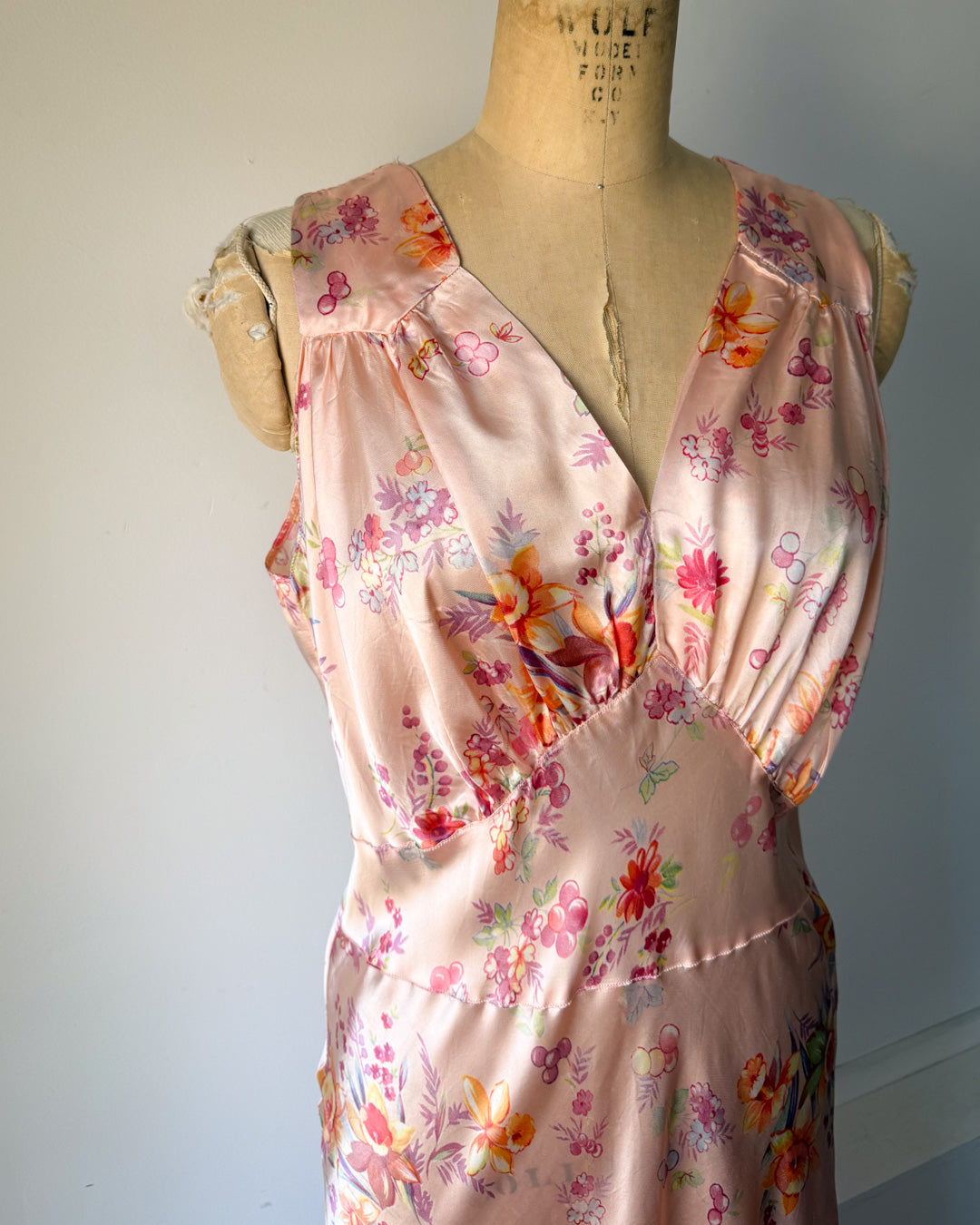 30s Floral Satin Bias Cut Slip Dress / M-L