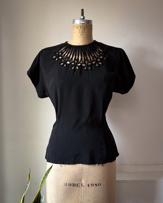 40s Cutout Neckline Black Rayon Blouse Top / M