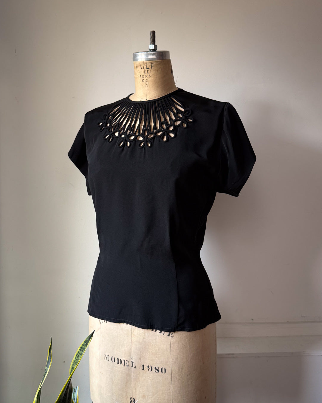 40s Cutout Neckline Black Rayon Blouse Top / M