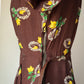 40s Brown Novelty Magic Mirror Floral Print Belted Dress / XS