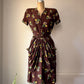40s Brown Novelty Magic Mirror Floral Print Belted Dress / XS