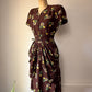 40s Brown Novelty Magic Mirror Floral Print Belted Dress / XS