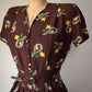40s Brown Novelty Magic Mirror Floral Print Belted Dress / XS