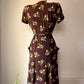 40s Brown Novelty Magic Mirror Floral Print Belted Dress / XS