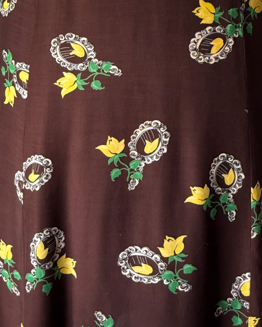40s Brown Novelty Magic Mirror Floral Print Belted Dress / XS