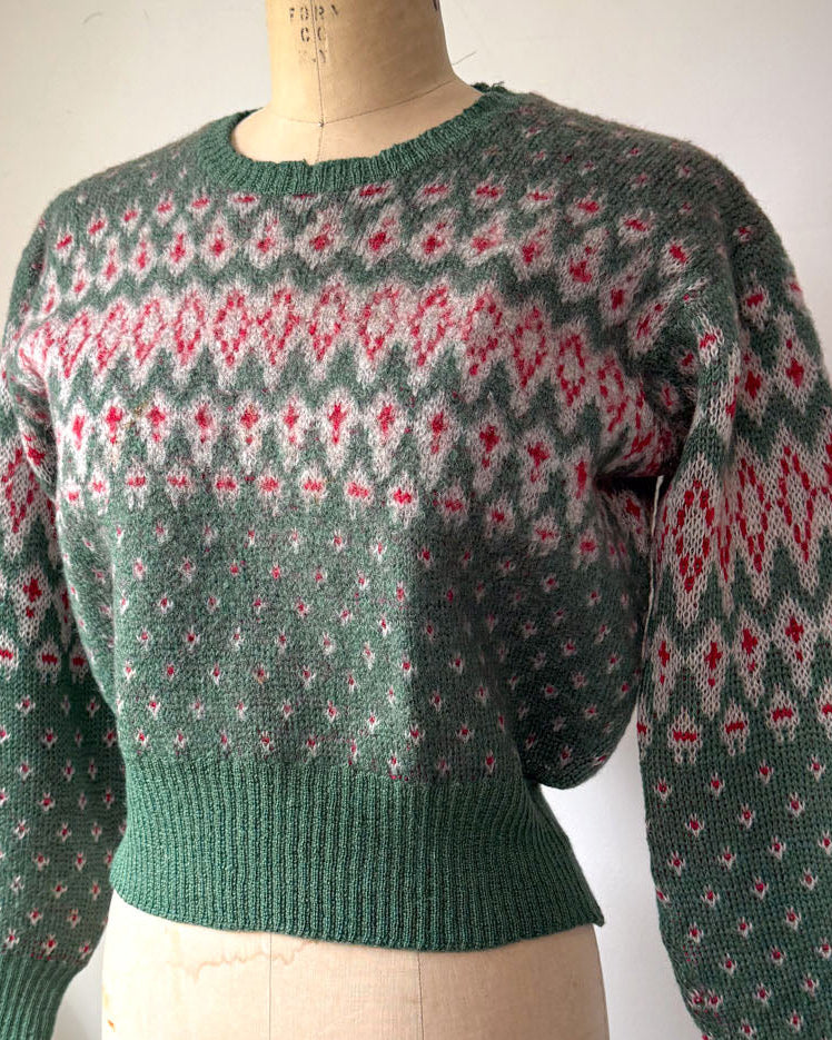 40s Jantzen Green & Red Knit Cropped Wool Sweater / S-M