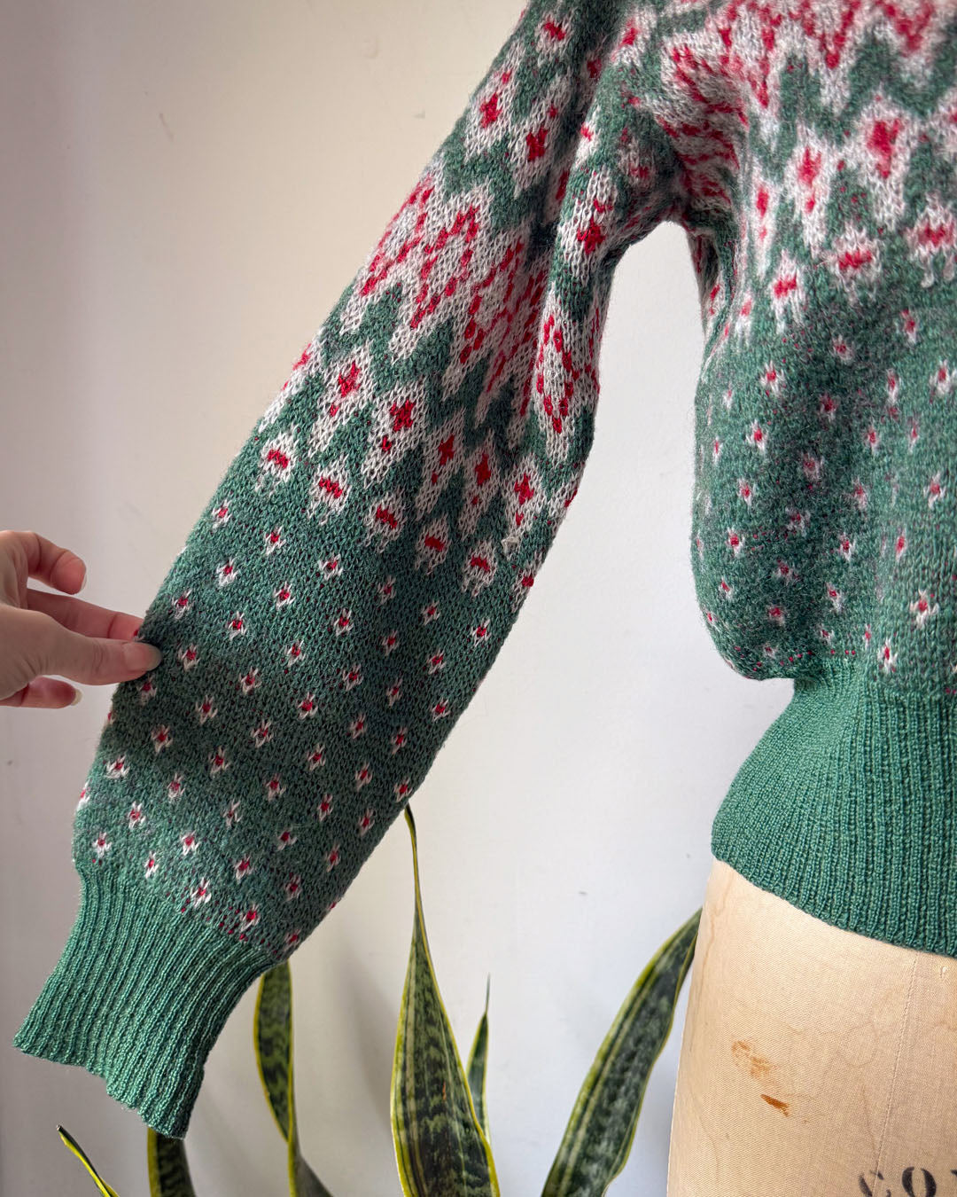 40s Jantzen Green & Red Knit Cropped Wool Sweater / S-M
