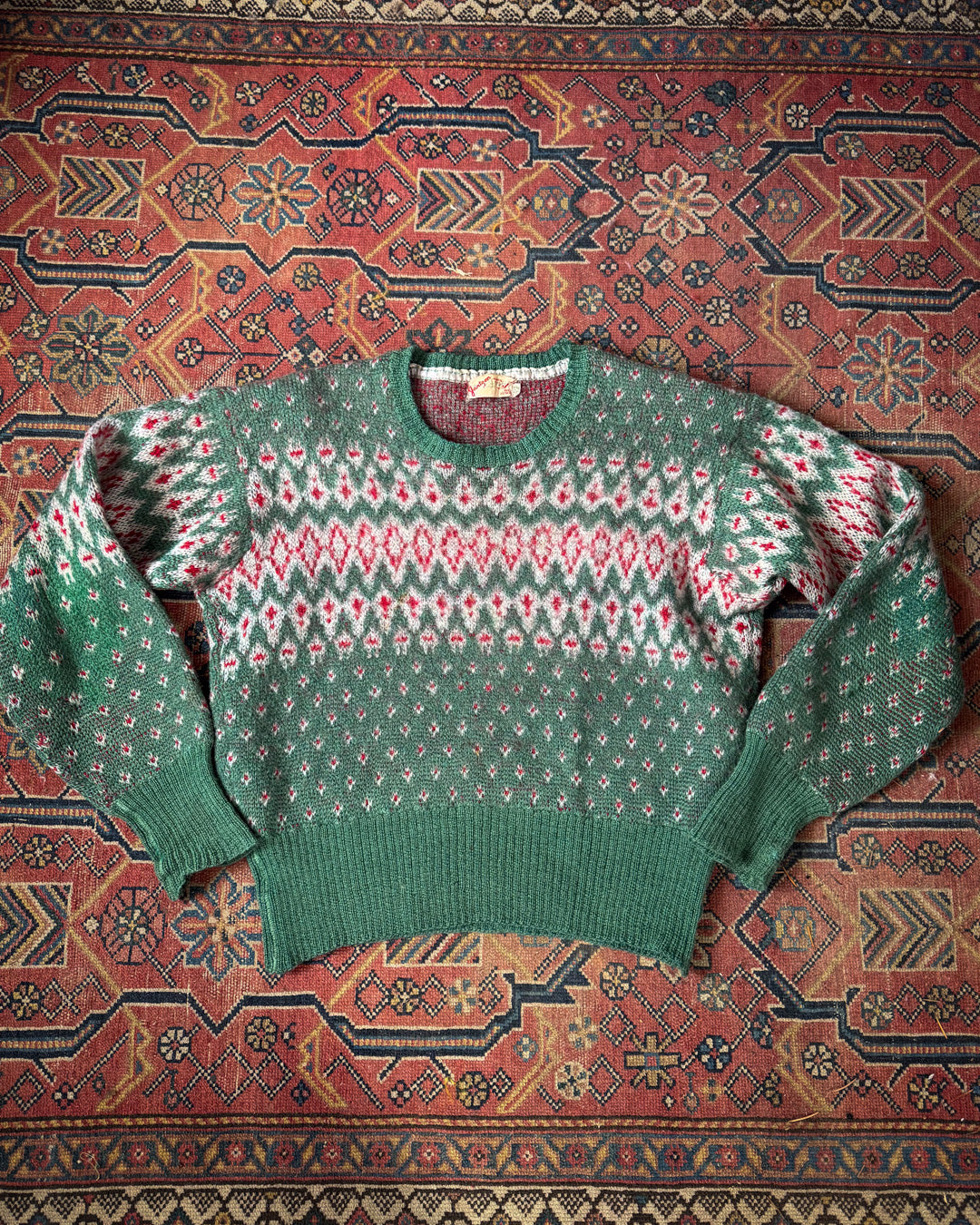 40s Jantzen Green & Red Knit Cropped Wool Sweater / S-M