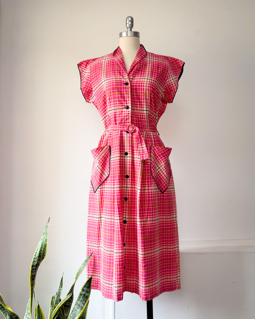 40s Pink Cotton Day Dress / L
