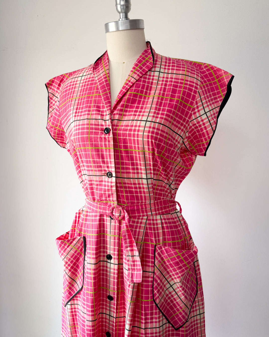 40s Pink Cotton Day Dress / L