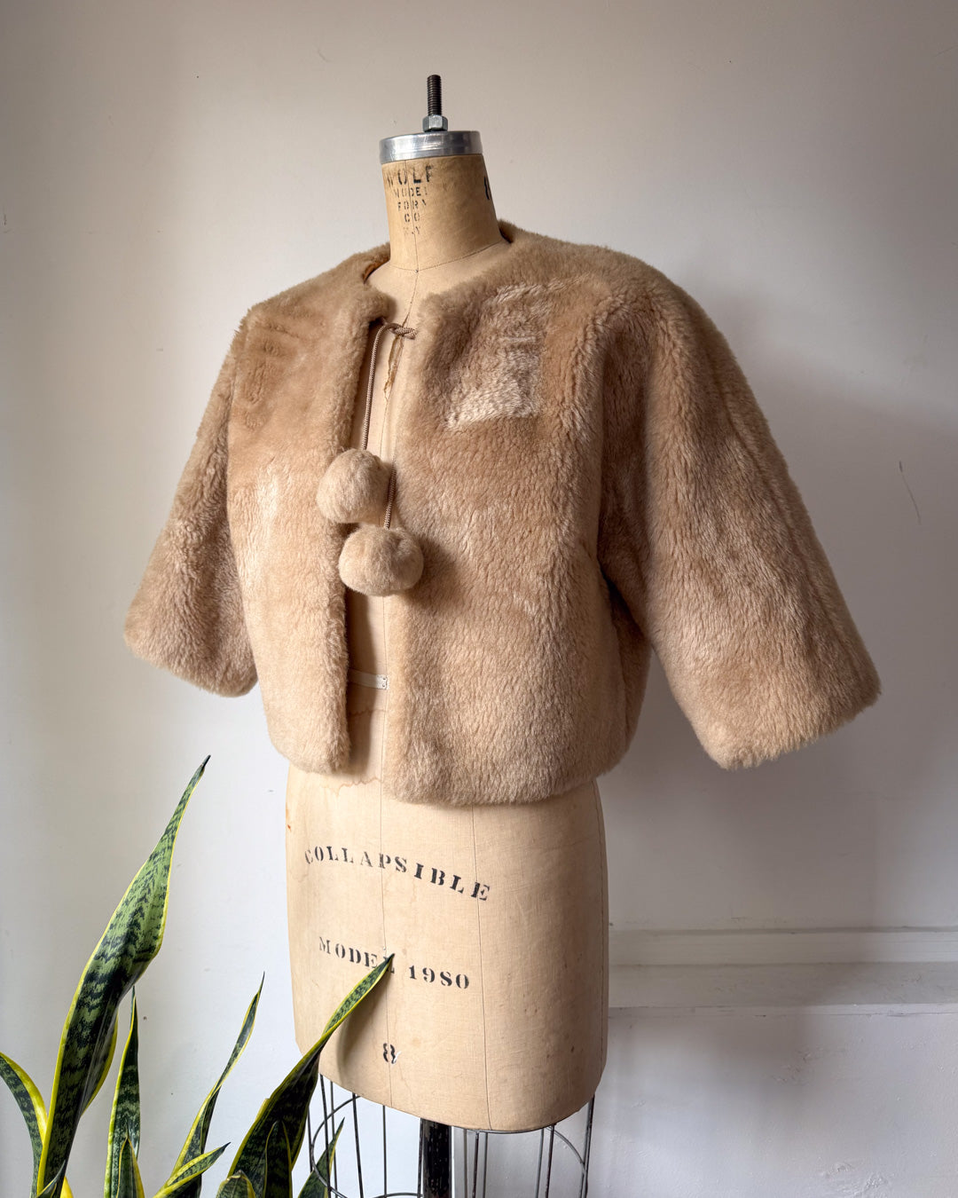 50s Faux Fur Pom Pom Cropped Jacket / S-M