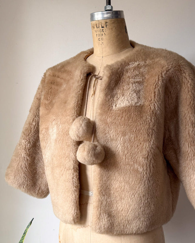 50s Faux Fur Pom Pom Cropped Jacket / S-M
