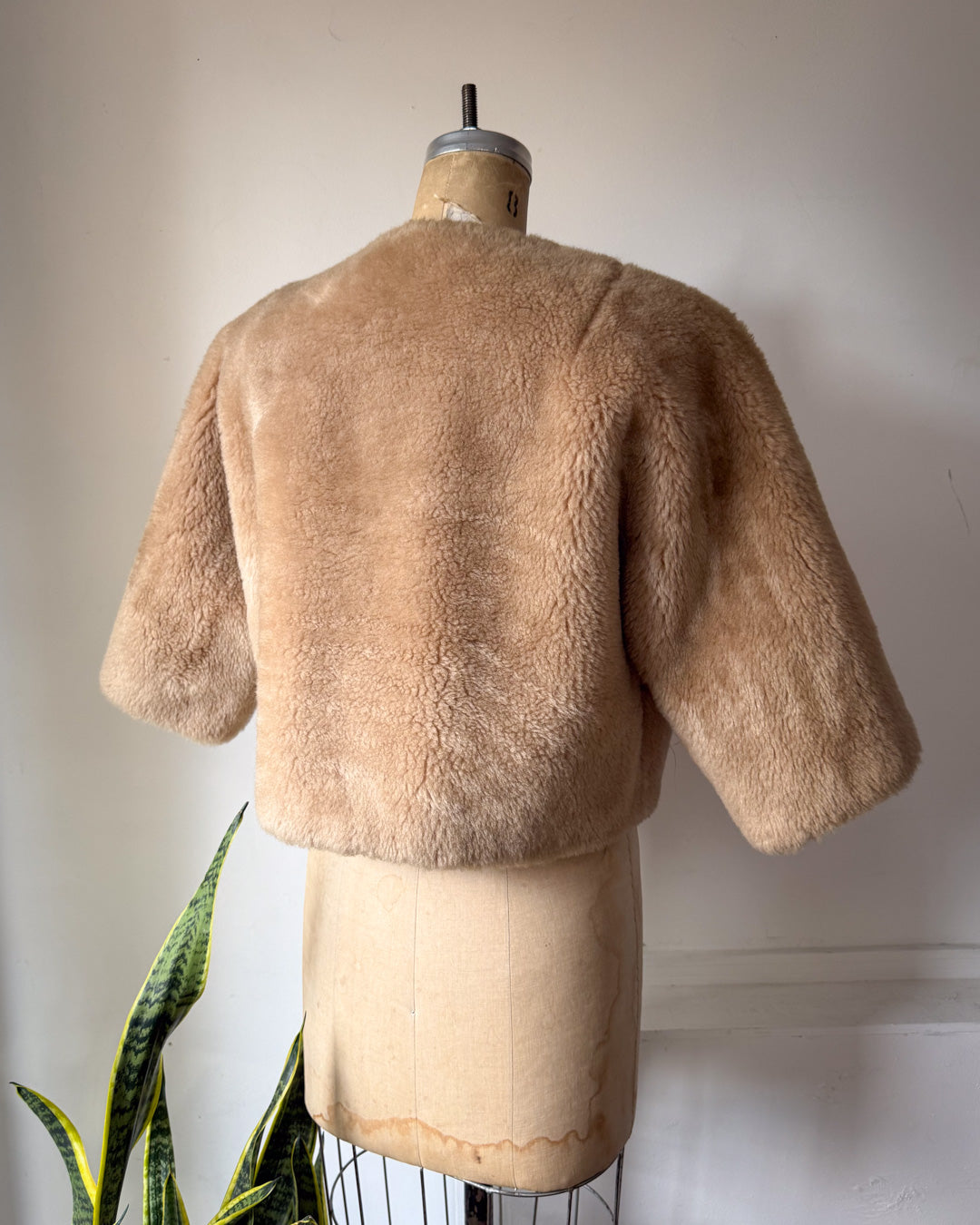 50s Faux Fur Pom Pom Cropped Jacket / S-M