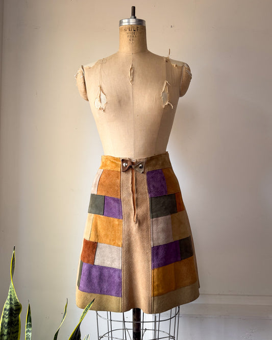 70s Colorful Patchwork Suede Mini Skirt / XS
