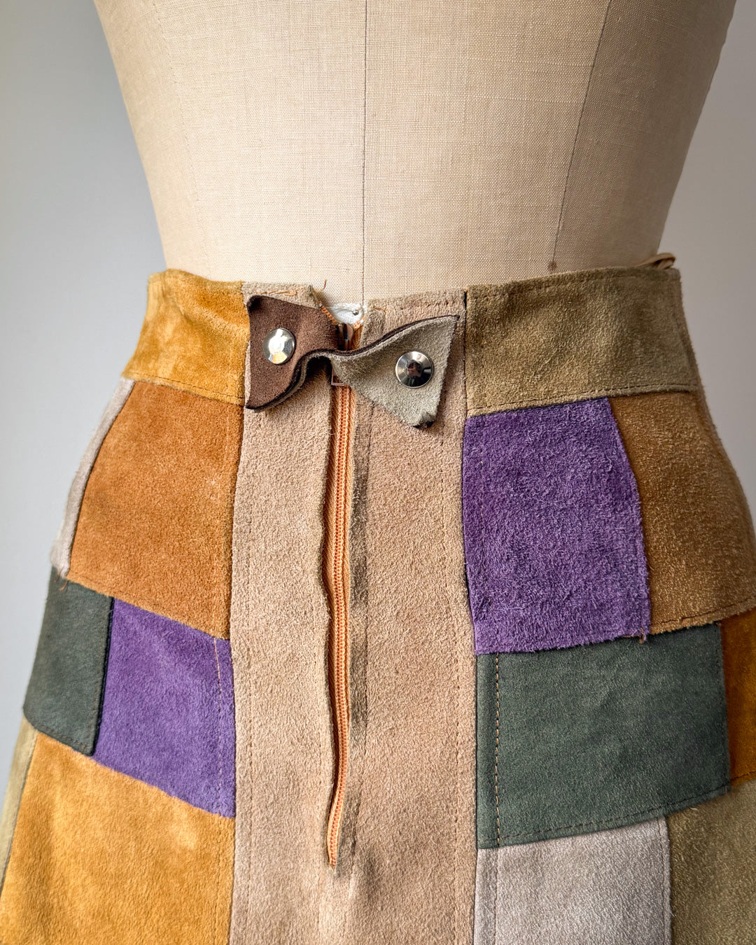 70s Colorful Patchwork Suede Mini Skirt / XS