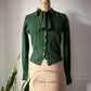 50s Green Cashmere Knit Tie Neck Cardigan / M