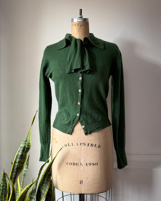 50s Green Cashmere Knit Tie Neck Cardigan / M