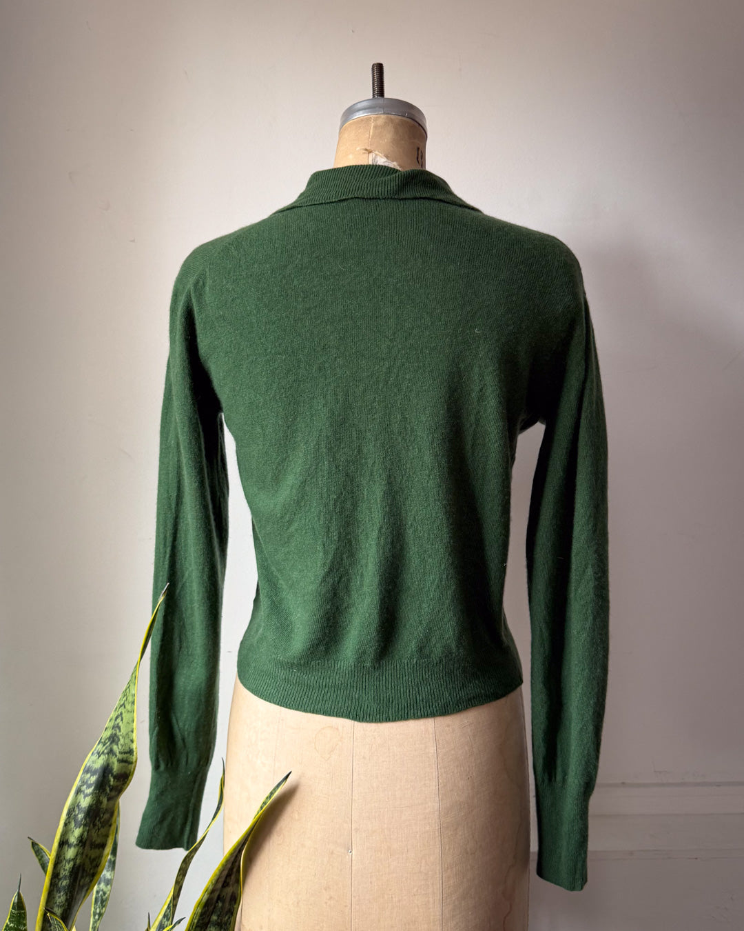 50s Green Cashmere Knit Tie Neck Cardigan / M