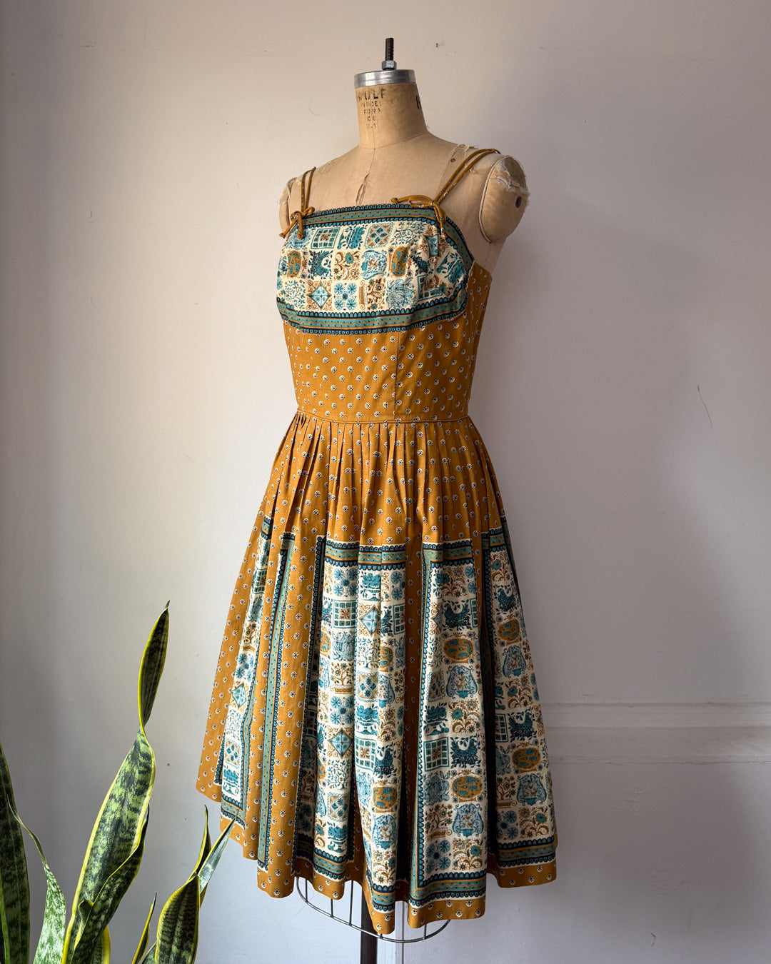 50s Ochre Novelty Print Sun Dress / M