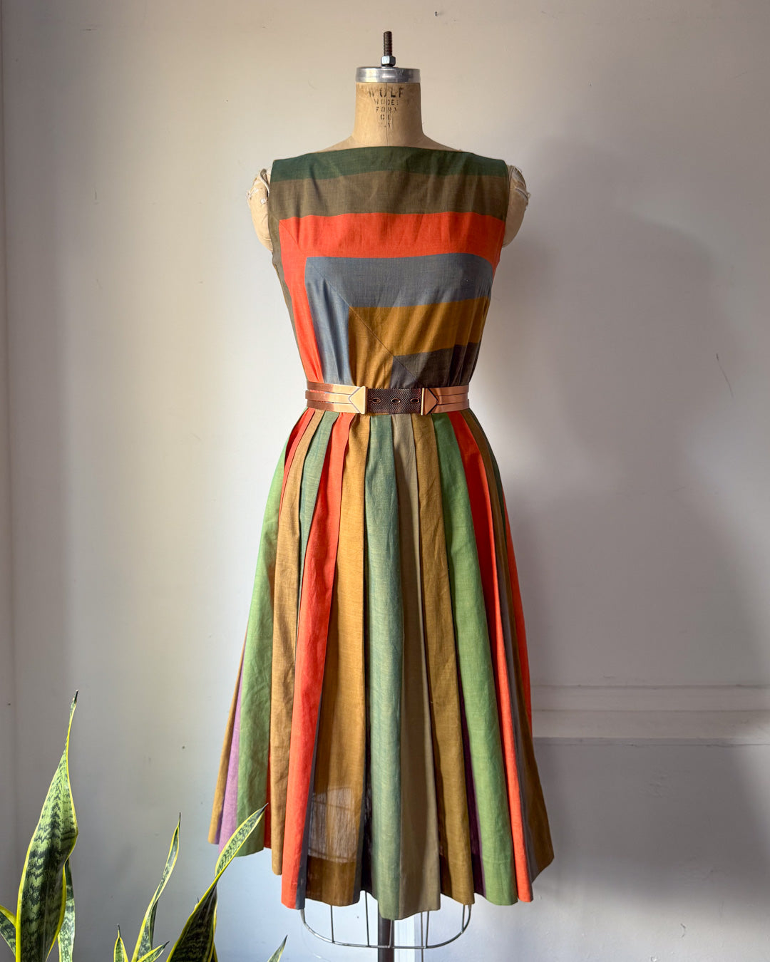 50s Autumnal Rainbow Stripe Dress / S