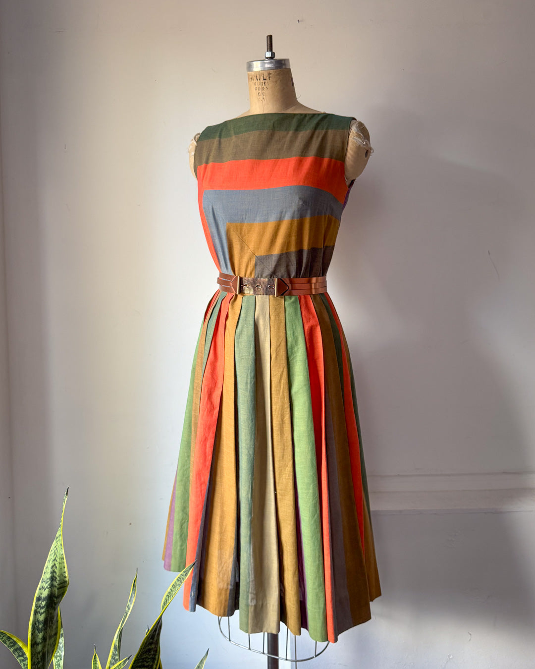 50s Autumnal Rainbow Stripe Dress / S