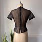 50s Sheer Black Zig Zag Short Sleeve Blouse / M