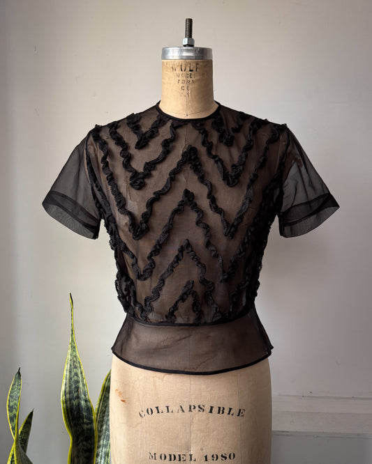 50s Sheer Black Zig Zag Short Sleeve Blouse / M