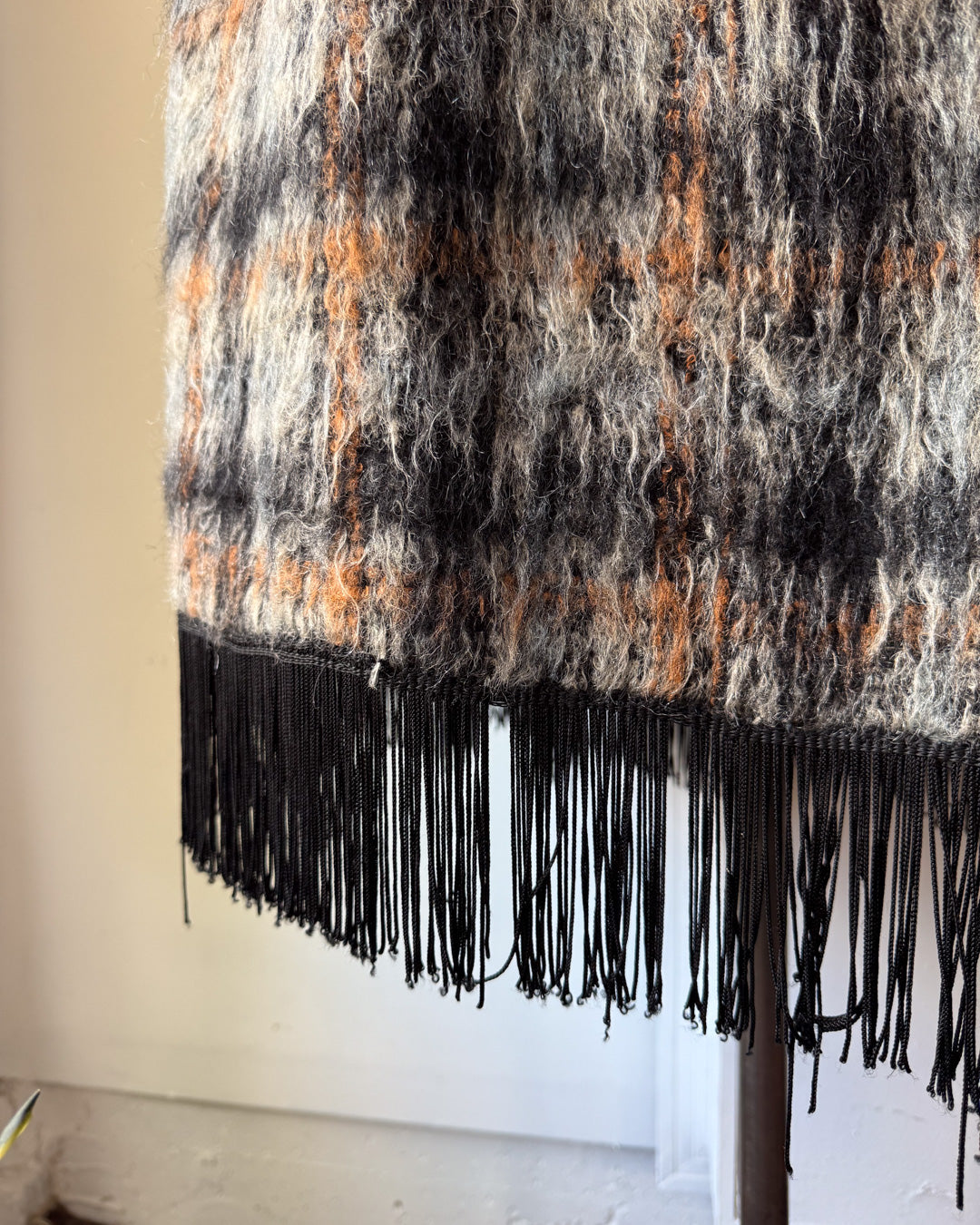 60s Shaggy Gray & Black Fringe Hem Mohair Midi Skirt / S