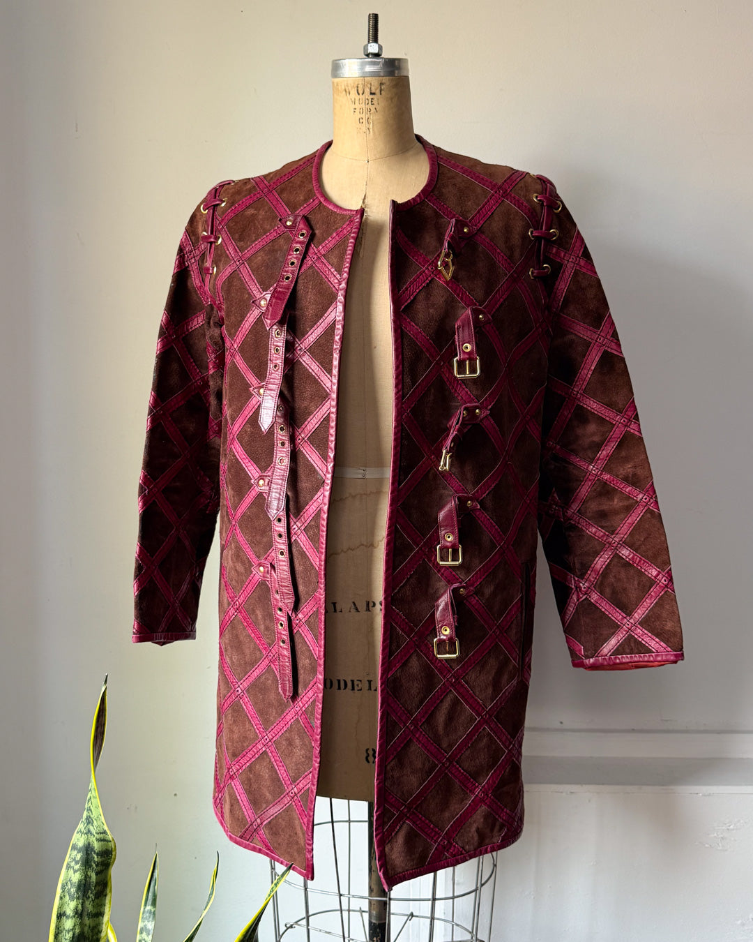 60s Purple & Brown Suede Leather Lettice Laced Shoulder Jacket / S
