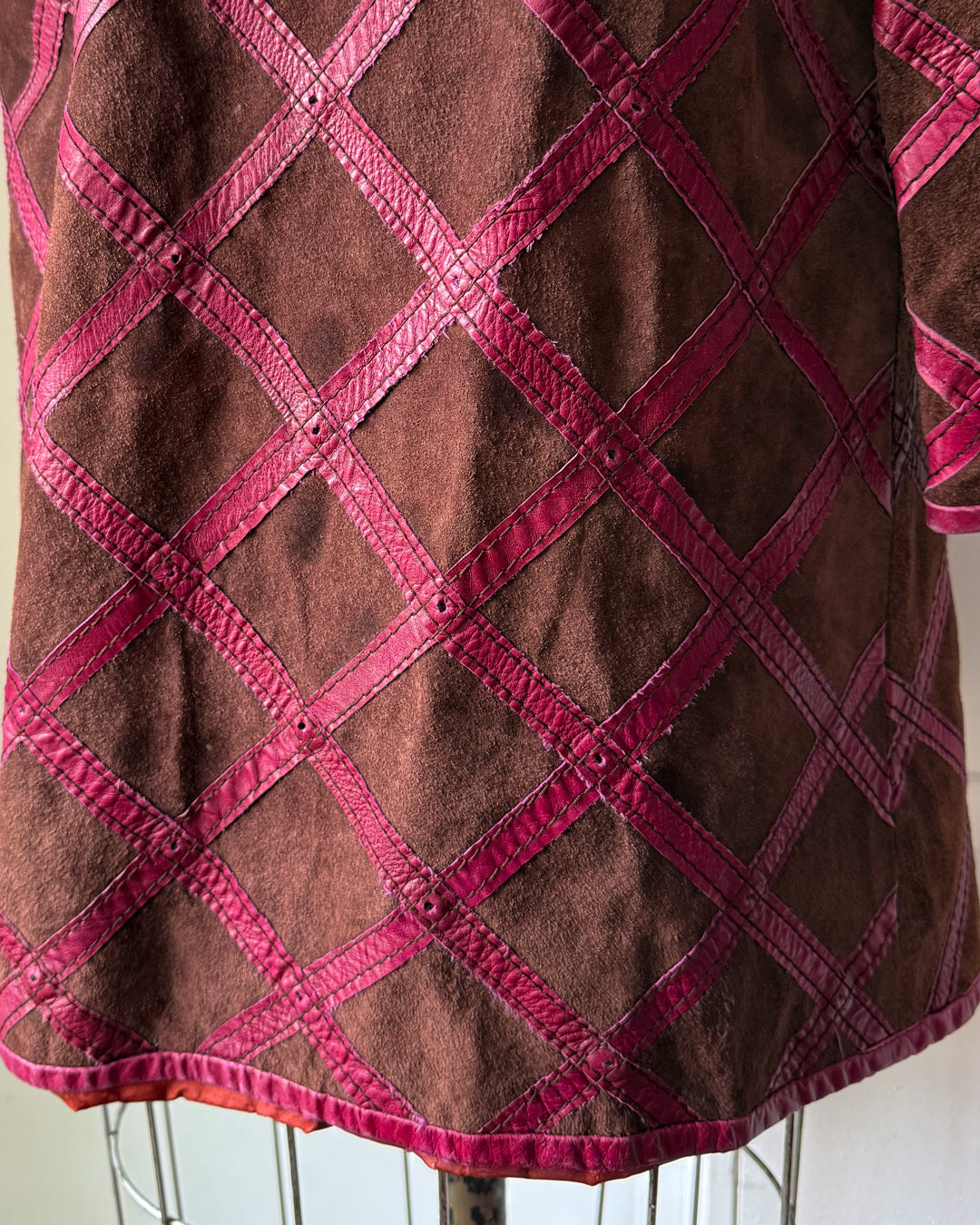 60s Purple & Brown Suede Leather Lettice Laced Shoulder Jacket / S