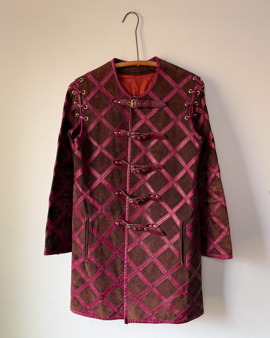 60s Purple & Brown Suede Leather Lettice Laced Shoulder Jacket / S