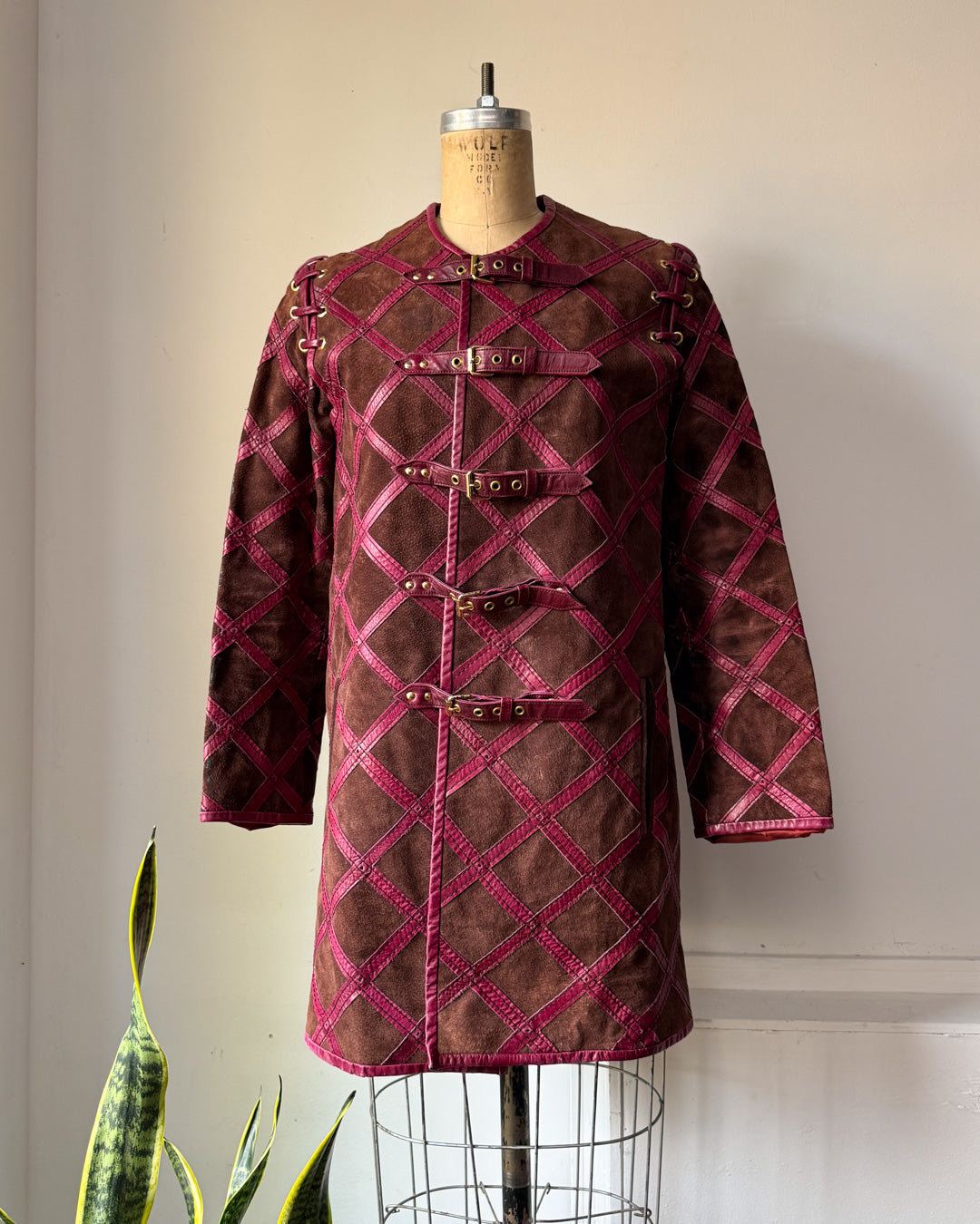 60s Purple & Brown Suede Leather Lettice Laced Shoulder Jacket / S