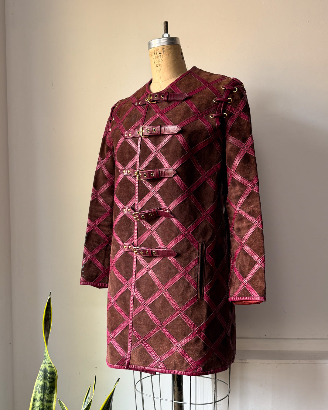 60s Purple & Brown Suede Leather Lettice Laced Shoulder Jacket / S