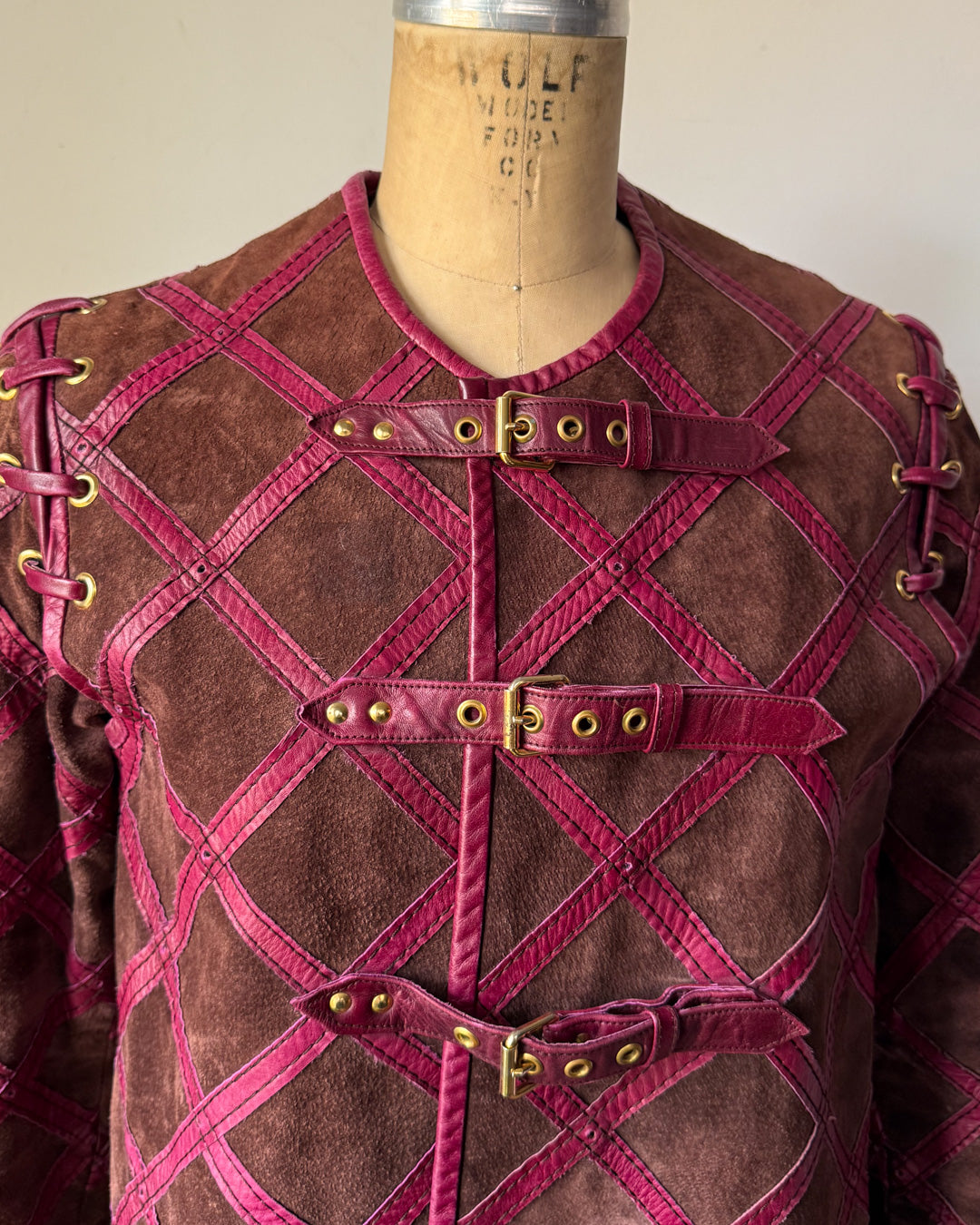 60s Purple & Brown Suede Leather Lettice Laced Shoulder Jacket / S