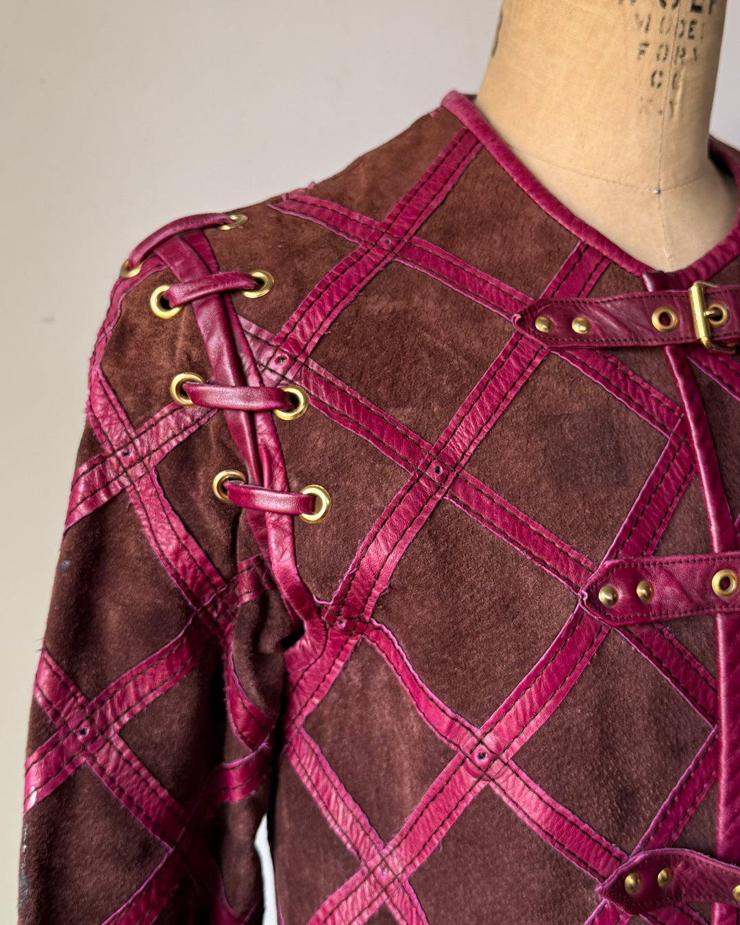 60s Purple & Brown Suede Leather Lettice Laced Shoulder Jacket / S
