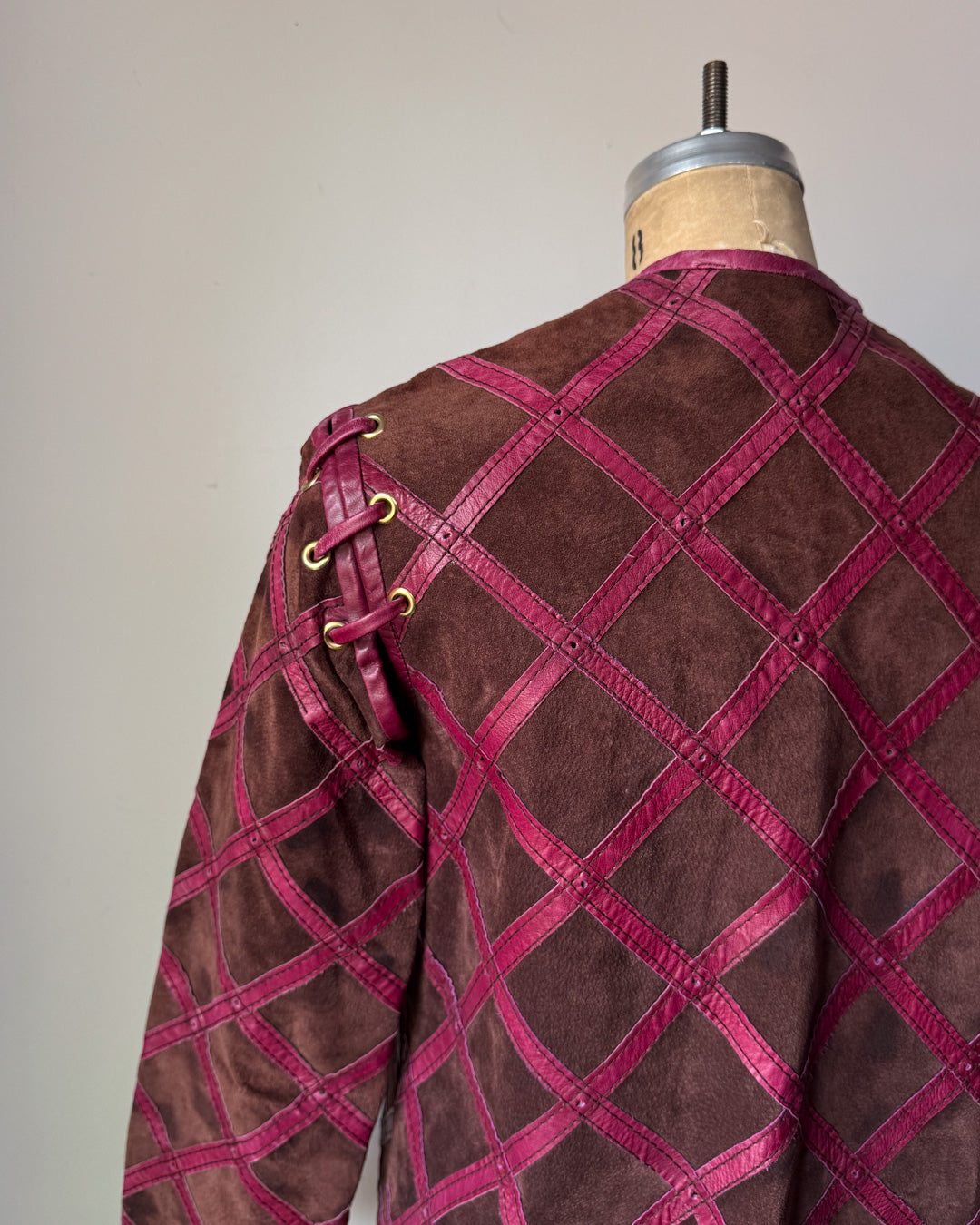 60s Purple & Brown Suede Leather Lettice Laced Shoulder Jacket / S