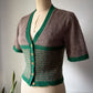 60s Fuzzy Green & Taupe Stripe Cropped Knit Top / XS