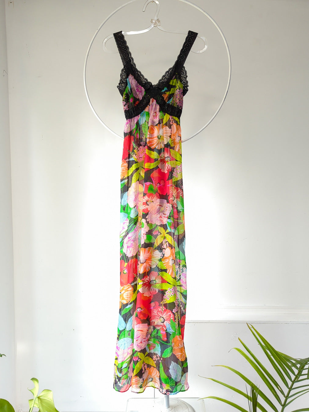 60s Sheer Rainbow Floral Slip Dress / XS-S