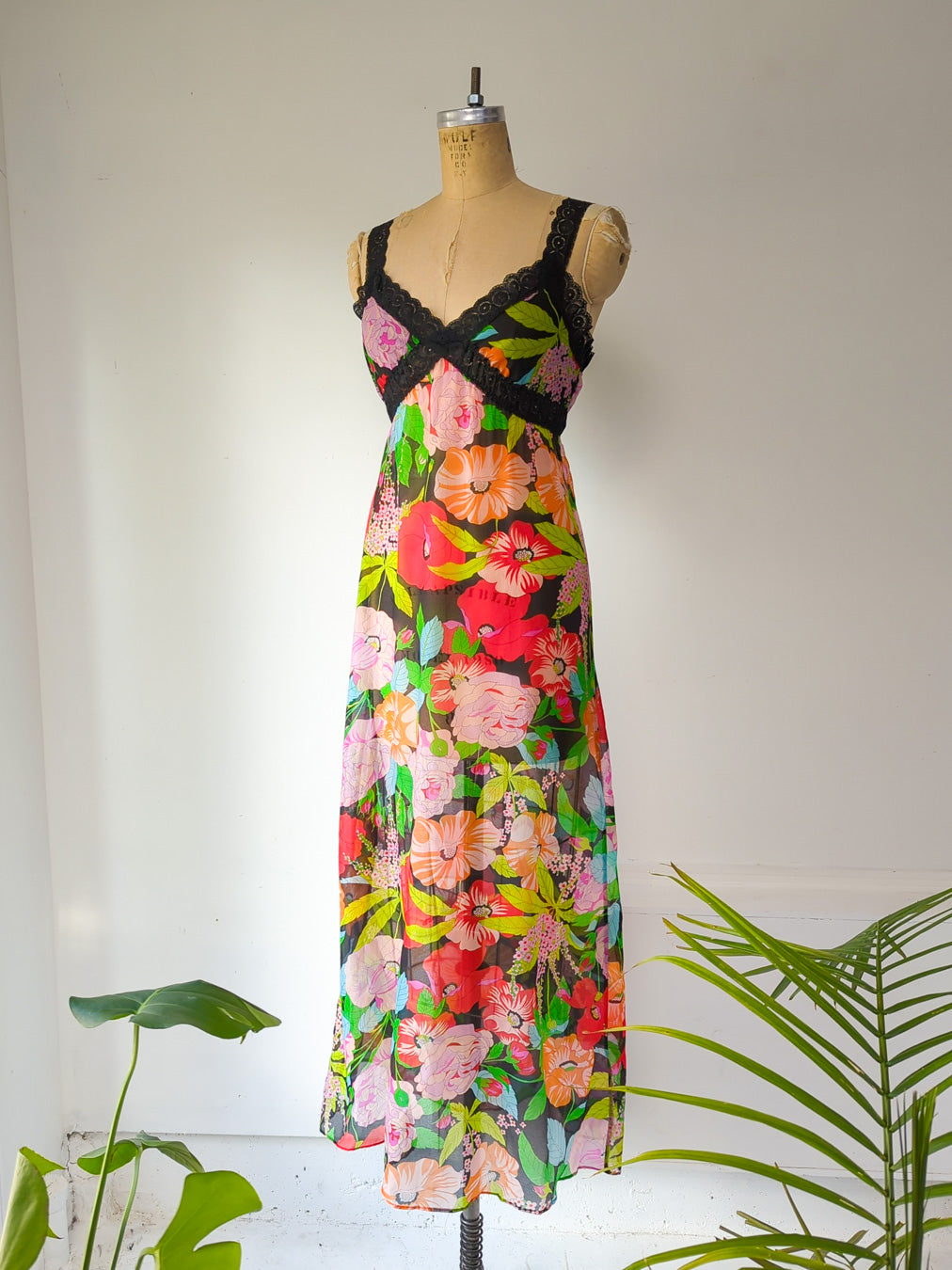 60s Sheer Rainbow Floral Slip Dress / XS-S