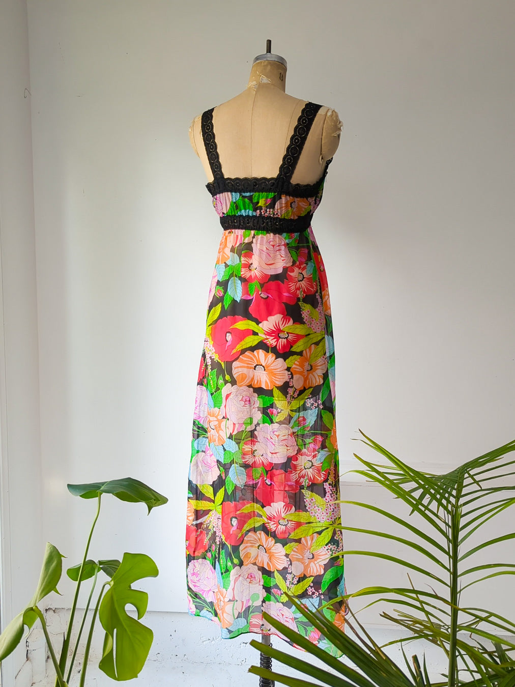 60s Sheer Rainbow Floral Slip Dress / XS-S
