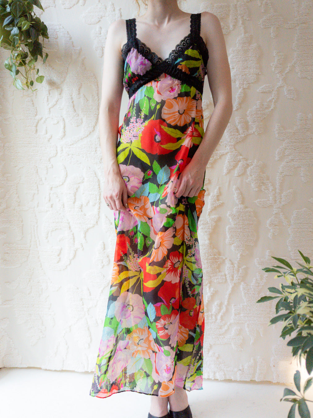 60s Sheer Rainbow Floral Slip Dress / XS-S