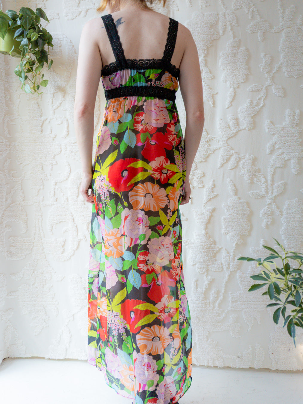 60s Sheer Rainbow Floral Slip Dress / XS-S