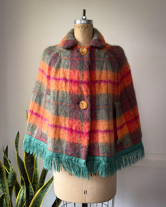 60s Scotch House Candy Colored Mohair Fringe Cape / S-M