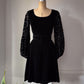 60s Black Velvet Floral Balloon Sleeve Belted Mini Dress / XS