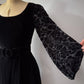 60s Black Velvet Floral Balloon Sleeve Belted Mini Dress / XS