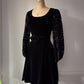 60s Black Velvet Floral Balloon Sleeve Belted Mini Dress / XS