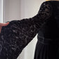 60s Black Velvet Floral Balloon Sleeve Belted Mini Dress / XS