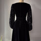 60s Black Velvet Floral Balloon Sleeve Belted Mini Dress / XS