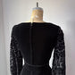 60s Black Velvet Floral Balloon Sleeve Belted Mini Dress / XS