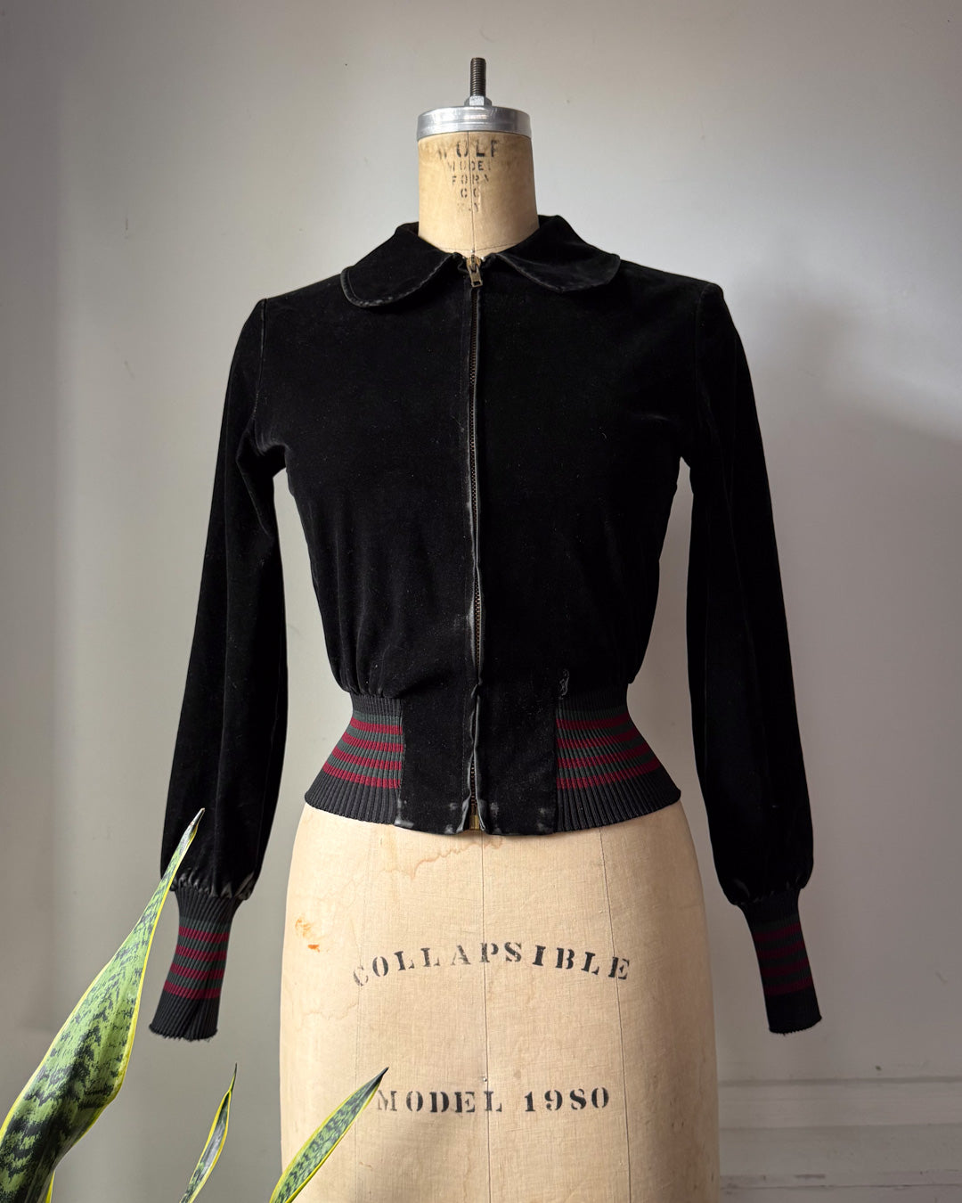 60s Black Velvet Peter Pan Collar Striped Knit Trim Crop Jacket / XS
